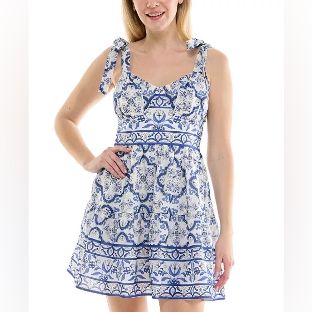 Trixxi (G5) Juniors' Cotton Santorini Tie-Strap Smock-Back Mini Dress NWT SIZE L